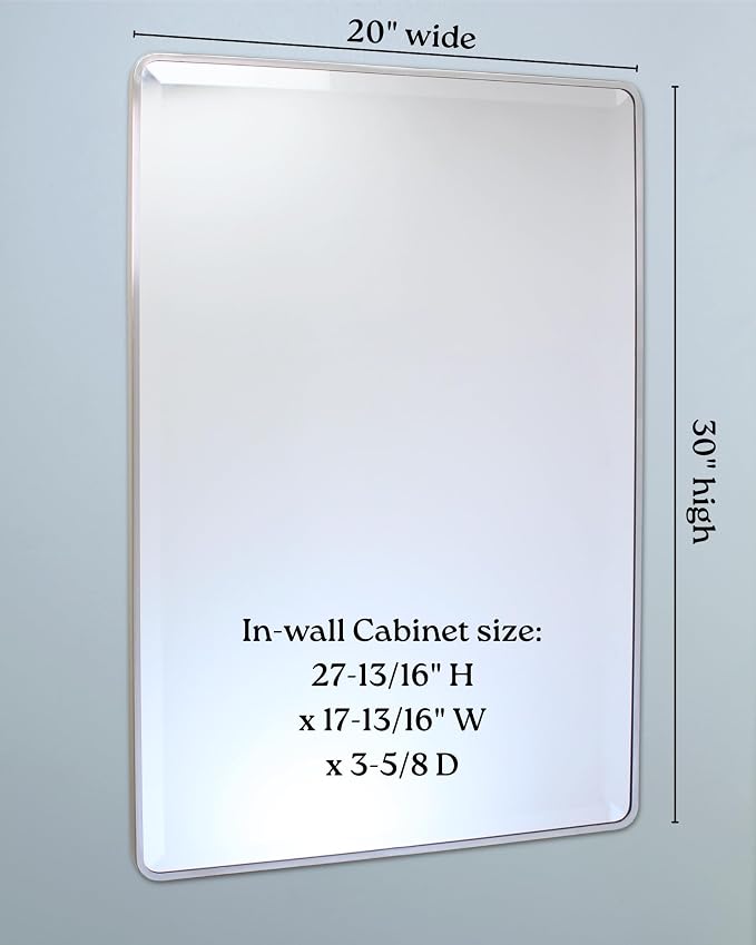 20x30 Austin Farmhouse Metal Framed Rounded Rectangle Recessed Bathroom Medicine Cabinet, Beveled Mirror, 18x28 in-Wall Opening, powder-coated Steel, Adjustable Glass Shelves, Brushed Nickel