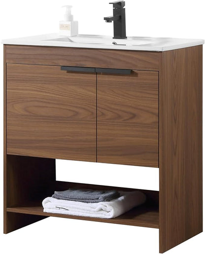 Phoenix 30 Inch Bathroom Vanity with Sink – Modern Design, Soft-Close Doors, Storage Drawers, Durable Build – Walnut Vanity for Small Bathrooms (Full Assembly Required)