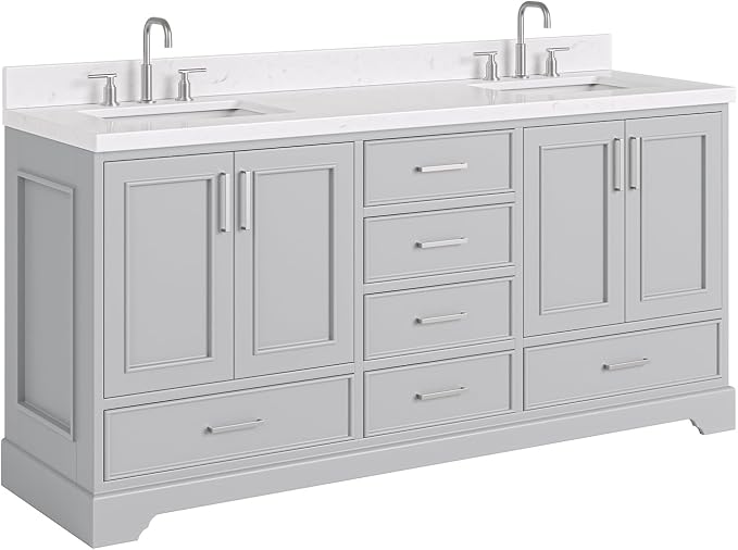 Langford 72-inch Grey Bathroom Vanity with Left & Right Rectangle Double Sinks, Carrara White Quartz Countertop & Backsplash, Solid Wood Frame, Soft-Closing & Dovetail Drawers