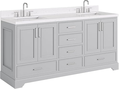 Langford 72-inch Grey Bathroom Vanity with Left & Right Rectangle Double Sinks, Carrara White Quartz Countertop & Backsplash, Solid Wood Frame, Soft-Closing & Dovetail Drawers