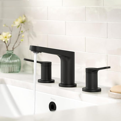 KRAUS Indy Widespread Bathroom Faucet in Matte Black with 2 Handles, Pop Up Drain and Supply Lines, FUS-14103MB