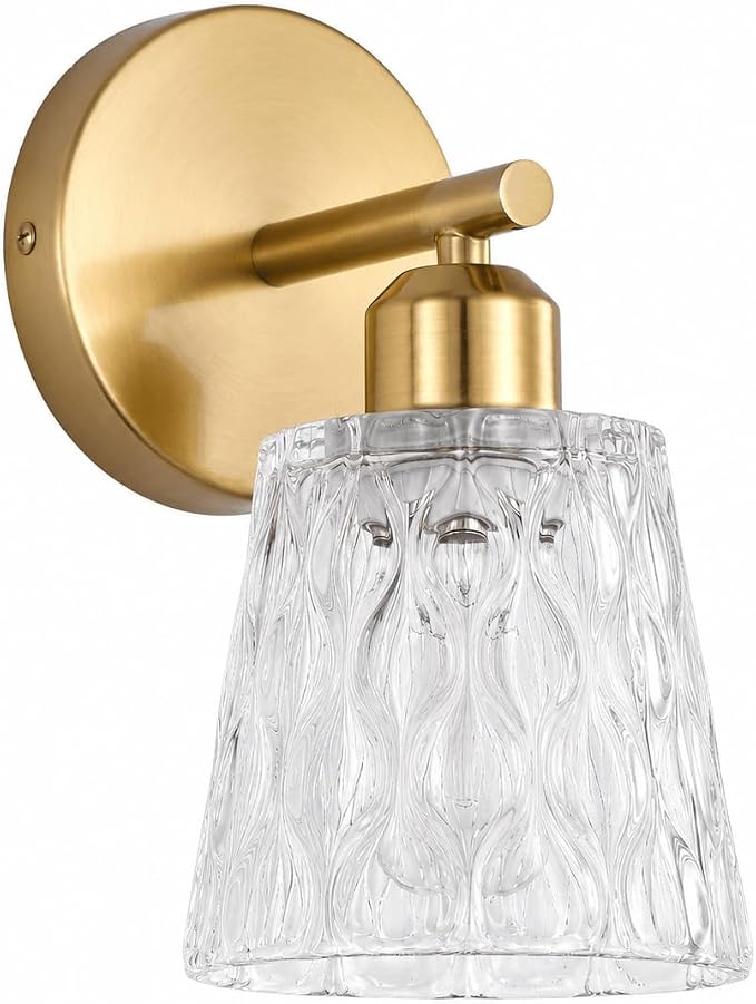 Brushed Gold Bathroom Wall Sconce, 1-Light Stainless Steel Vanity Light Over Mirror with Textured Glass Shade, Modern E26 Fixture for Bathroom Lighting (Bulb Not Included)