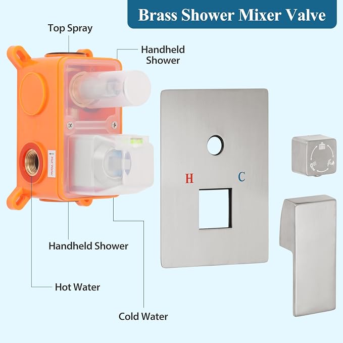 Brushed Nickel Square Rainfall Shower Head Set with Handheld & Faucet, 12" | Wall Mounted Bathroom Shower Faucet, 12 Inch Square Head, With Shower Valve, Rustproof Brushed Nickel, High Pressure Raindrop