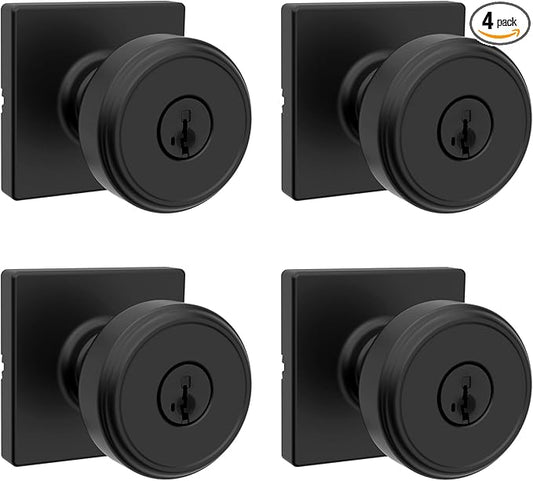 Kwikset Maven Entry Door Knob with Lock and Key, Secure Keyed Handle Exterior, Front Entrance and Bedroom, Matte Black, 4 Pack, Pick Resistant SmartKey Rekey Security and Microban