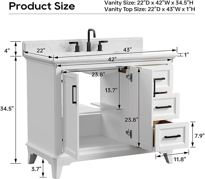 42 Inch Bathroom Vanity with Sink, Farmhouse Bathroom Vanity Set with Quartz Countertop, Painted Bathroom Storage Cabinet with Soft Closing Doors & Dovetail Pine Drawers, White