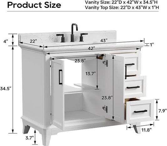 42 Inch Bathroom Vanity with Sink, Farmhouse Bathroom Vanity Set with Quartz Countertop, Painted Bathroom Storage Cabinet with Soft Closing Doors & Dovetail Pine Drawers, White