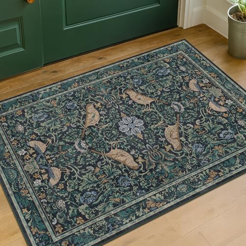 Washable Floral Small 2x3 Dark Blue Entryway Rugs Indoor, Botanical Bird Kitchen Floor Mats, Non-Slip & Soft Boho Carpet for Bathroom, Low Pile Stain Resistant Throw Rugs Bedroom