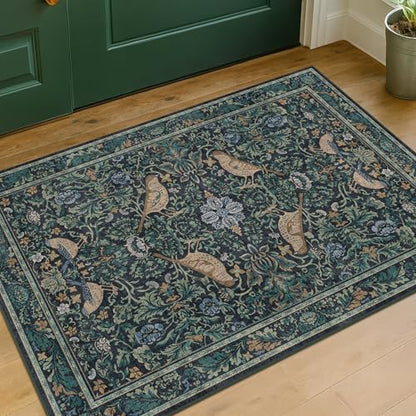 Washable Floral Small 2x3 Dark Blue Entryway Rugs Indoor, Botanical Bird Kitchen Floor Mats, Non-Slip & Soft Boho Carpet for Bathroom, Low Pile Stain Resistant Throw Rugs Bedroom