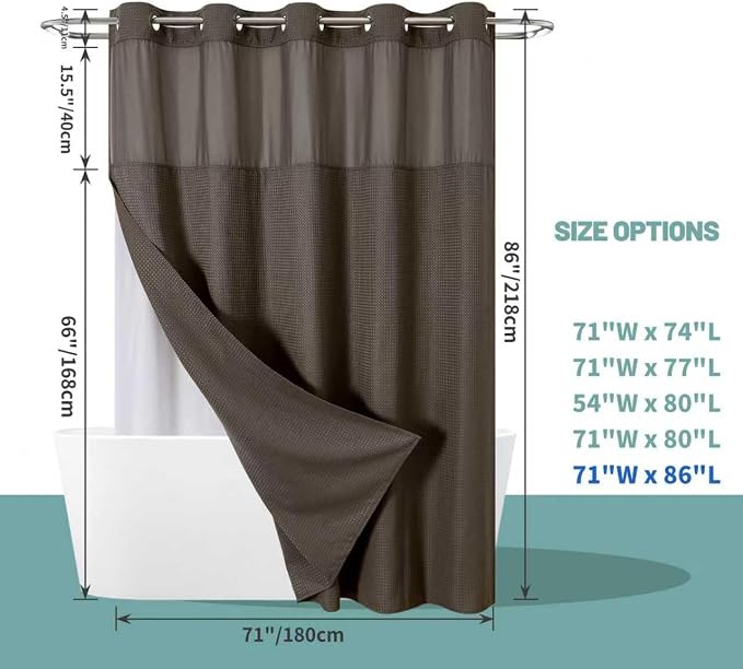 eachope No Hook Long Waffle Shower Curtain, Snap-in Liner, 71x86 in, Brown | 230 GSM waffle weave fabric, waterproof liner set with 2 bottom magnets, mesh top window, washable, for bathroom or hotel use