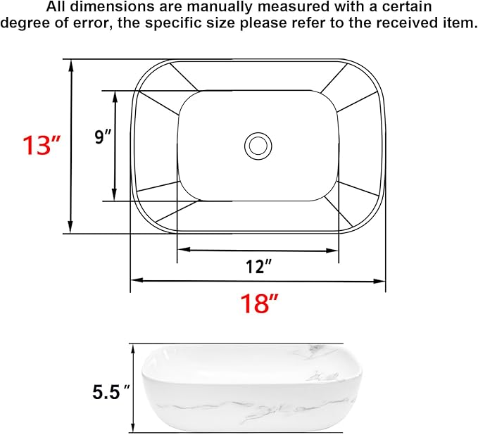 Bathroom Vessel Sink 18'' x 13'' Ceramic Porcelain Bathroom Sink Above Counter Basin Washing Bowl with Faucet Pop up Drain Combo, Marbling Rectangle