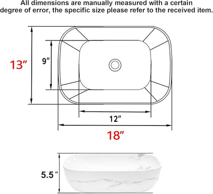 Bathroom Vessel Sink 18'' x 13'' Ceramic Porcelain Bathroom Sink Above Counter Basin Washing Bowl with Faucet Pop up Drain Combo, Marbling Rectangle