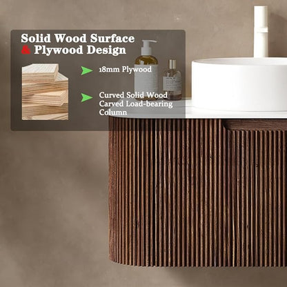 60'' Bathroom Vanities Cabinet with Sink, Wall Mounted Floating Cabinet W/Curved Edges Stripes, Oak Plywood, Soft-Close System with 2 Drawer & 2 White Round Ceramic Basin - Kiel, Dark Walnut