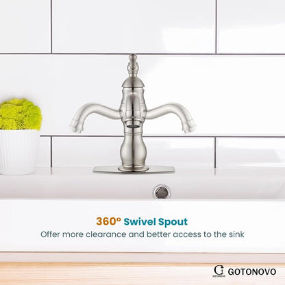 gotonovo Bathroom Faucet 1 Hole Vintage,Brushed Nickel,5.9” Spout Reach | Bathroom Sink Faucet for 1 or 3 Hole Single Handle,Deck Plate,360° Swivel Spout,Pop Up Drain,cUPC Supply Hoses,for Vanity RV