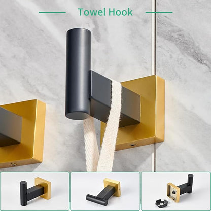 Miyili 4-Piece Bathroom Hardware Kit Set Stainless Steel Wall Mount - Includes Double Towel Bar, Hand Towel Rack, Toilet Paper Holder, Robe Hook, Black & Gold, BS02BG4