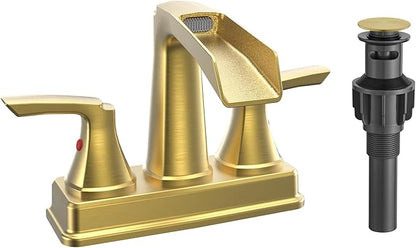 Fapully Bathroom Faucet, Waterfall Bathroom Sink Faucet Widespread, 4 Inch Centerset Brushed Gold Faucet for Bathroom Sink with Pop-up Drain
