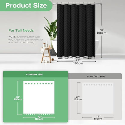 Dynamene Long Shower Curtain and Liner Set - 78 inch Tall Boho Shower Curtain and Waterproof Clear Liner, Tufted Chevron Striped Textured Tassel Shower Curtains for Bathroom, 12 Hooks, 72x78, Black