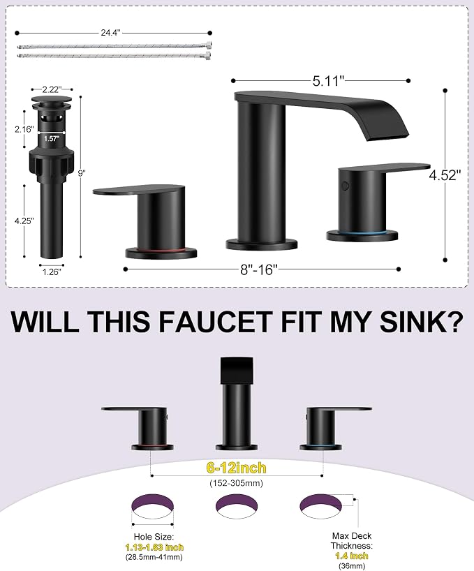 2 Pack Matte Black Waterfall Bathroom Faucet for Sink 3 Hole 8 Inch | Widespread Bathroom Sink Faucets with Pop-up Drain Supply Lines Stainless Steel 2-Handle Bathroom Sink Faucet by Homevacious