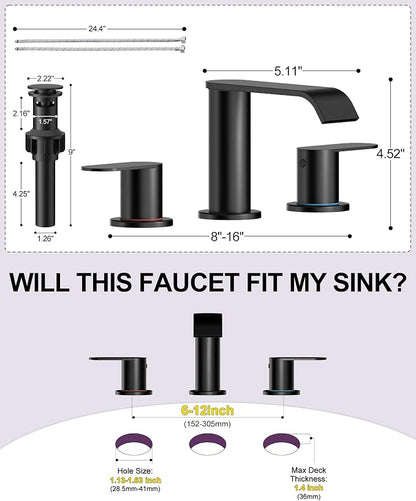 2 Pack Matte Black Waterfall Bathroom Faucet for Sink 3 Hole 8 Inch | Widespread Bathroom Sink Faucets with Pop-up Drain Supply Lines Stainless Steel 2-Handle Bathroom Sink Faucet by Homevacious