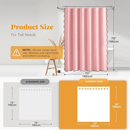 BTTN 72x78 Boho Scalloped Linen Textured Cloth Shower Curtain Set, Pink | Long Size, 230GSM Waterproof Polyester, Heavy Duty Fabric, 12 Plastic Hooks, Elegant Modern Farmhouse Style, Machine Washable