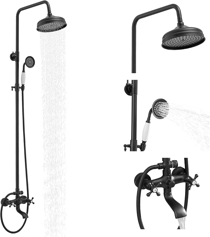 Homevacious Matte Black Outdoor Shower Kit Exposed Shower | 8 Inch High Pressure Rain Shower Head with Hand Spray Bathroom Shower Faucet System Double Knobs Cross Handle 3-function