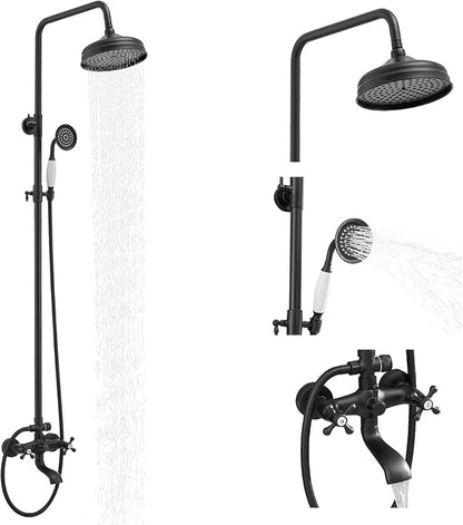 Homevacious Matte Black Outdoor Shower Kit Exposed Shower | 8 Inch High Pressure Rain Shower Head with Hand Spray Bathroom Shower Faucet System Double Knobs Cross Handle 3-function