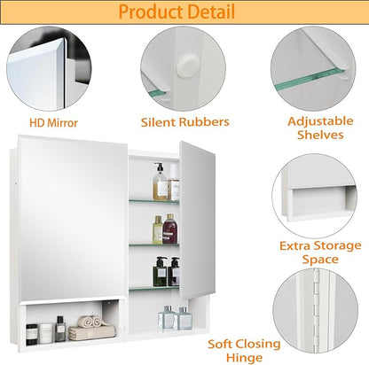 32 x 26 Inches Bathroom Medicine Cabinet with Mirror, Double Door Bathroom Mirror Cabinet, Surface or Recessed Mount White Storage Cabinet, Frameless Beveled Edge Wall Mounted Mirror Cabinet