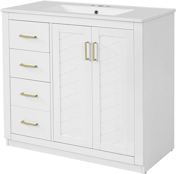 Merax Herringbone Single Sink Bathroom Vanity, Freestanding 36" Modern Bathroom Vanity Storage Cabinet with 3 Drawers and 2 Doors, Solid Wood Frame