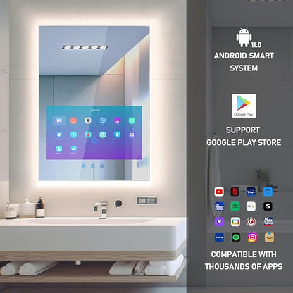32"x24" Smart Waterproof Anti-Fog Vanity Mirror with 21.5" Touch Screen TV | Adjustable 3-Color LED, Bluetooth/WiFi/HDMI, Android OS, Streaming Apps, For Bathroom & Bedroom