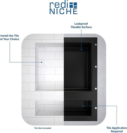 Tile Redi USA Niche Double Recessed Shower Shelf – Black, Two Inner Shelves with Divider, 16-Inch Width x 20-Inch Height x 4-Inch Depth (RN1620D-BI)
