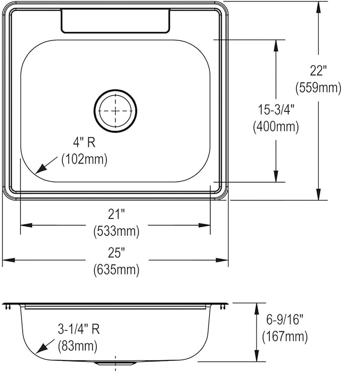 Elkay D125225 22 Gauge Stainless Steel Single Bowl Top Mount Kitchen Sink, 25 x 22 x 6.5625"