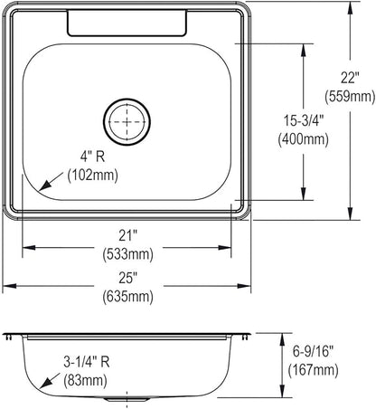 Elkay D125222 22 Gauge Stainless Steel Single Bowl Top Mount Kitchen Sink, 25 x 22 x 6.5625"
