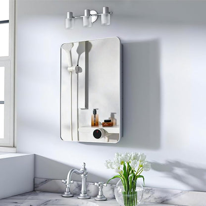 16x24 in Bathroom Medicine Cabinet with Mirror, Matte Silver | Fully Assembled; Recessed or Surface Wall Mount; Metal Cabinet with Tempered Glass Mirror and Two Adjustable Glass Shelves