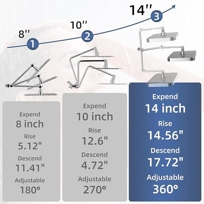 14" High Pressure Rain/Rainfall Shower Heads With Handheld Spray Combo (3+1 Settings & Built-in Power Wash Mode), Double/Dual Shower Head With Handheld - Height/Angle Adjustable(Polished Chrome)