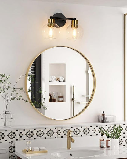 WILON 2-Light Bathroom Vanity Light Fixture Over Mirror, Black and Gold Sconces with Clear Globe Glass Shades, E26 Base Wall Lamp for Living Room Bedroom Stairway