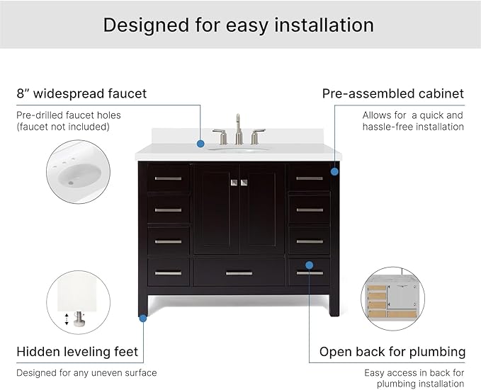 ARIEL Cambridge 42-inch Bathroom Vanity with Sink,Solid Wood, 1.5-inch Pure White Quartz Countertop & Backsplash, Single Oval Porcelain Sink, 2 Soft Closing Doors, 9 Dovetail Drawers, Espresso