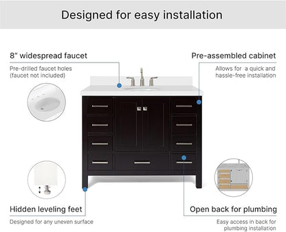 ARIEL Cambridge 42-inch Bathroom Vanity with Sink,Solid Wood, 1.5-inch Pure White Quartz Countertop & Backsplash, Single Oval Porcelain Sink, 2 Soft Closing Doors, 9 Dovetail Drawers, Espresso