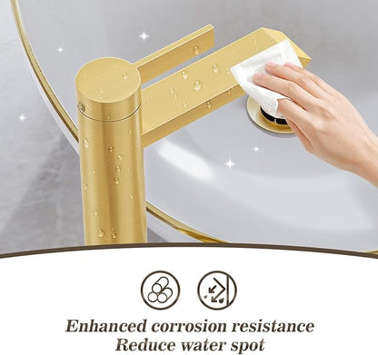 Phiestina Brushed Gold Tall Bathroom Faucet Brass Vessel Sink Faucet, Single Hole Single Handle Waterfall Above Counter Sink Faucet with Metal Pop Up Drain, FH04-BG-V