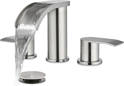 gotonovo Waterfall 8 inch Widespread Bathroom Faucet Set Bathroom Sink Faucet 3 Hole 2 Handle Vanity Lavatory Deck Mount with Pop Up Drain and Water Supply Lines Round Body Brushed Nickel