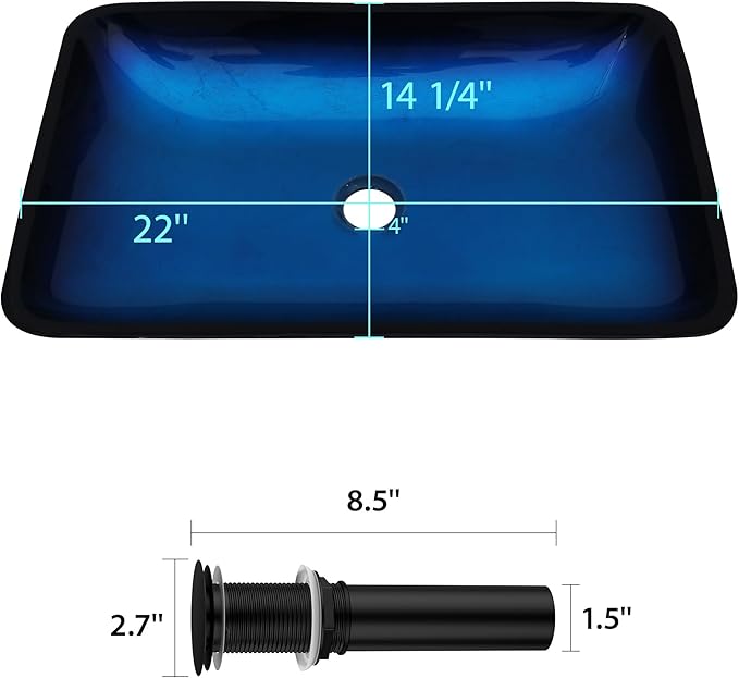 Logmey 22" Glass Bathroom Vessel Sink Vanity Countertop Rectangular Bowl with Black Pop up Drain Set,Glass Art Basin,Blue