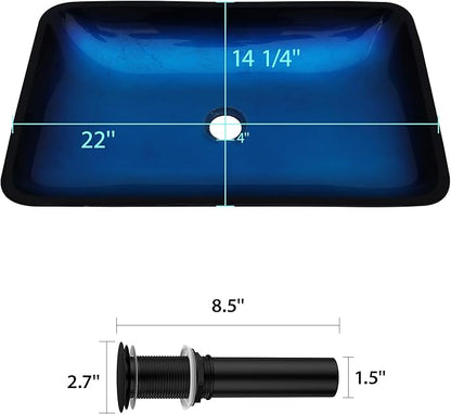 Logmey 22" Glass Bathroom Vessel Sink Vanity Countertop Rectangular Bowl with Black Pop up Drain Set,Glass Art Basin,Blue