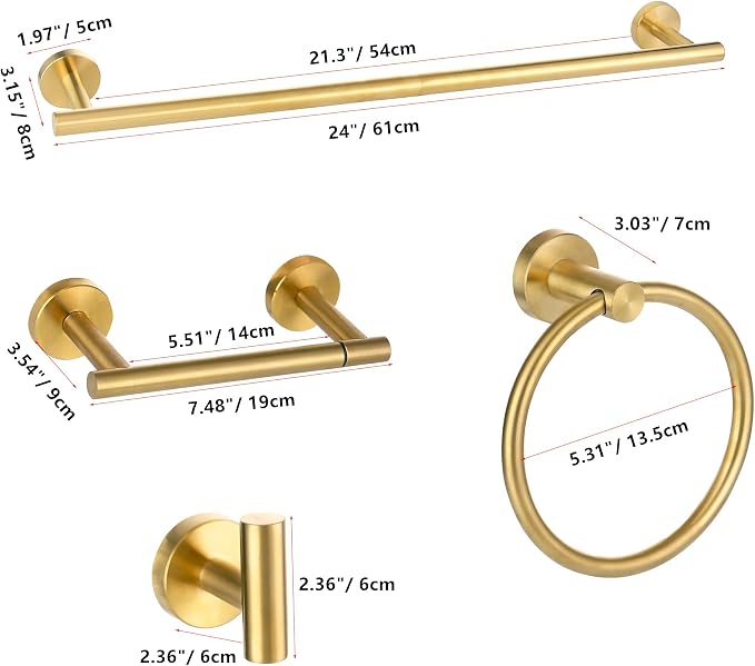 Brushed Gold Bathroom Hardware Accessories Set 4 Pieces,Towel Bar Set Stainless Steel Wall Mounted, Includes 24 in Hand Towel Bar, Towel Ring Holder,Toilet Paper Holder, Bathroom Towel Rack Set Gold