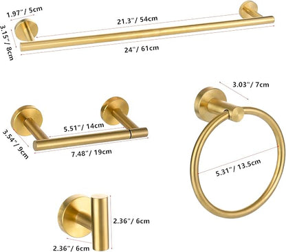 Brushed Gold Bathroom Hardware Accessories Set 4 Pieces,Towel Bar Set Stainless Steel Wall Mounted, Includes 24 in Hand Towel Bar, Towel Ring Holder,Toilet Paper Holder, Bathroom Towel Rack Set Gold