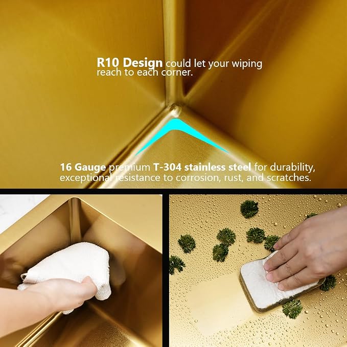 20x16 Gold Drop In Bar Sink Stainless Steel Small Outdoor Sink | Gold Kitchen Sink Wet Bar 16 Gauge Top Mount Single Bowl Sink with Drain Strainer