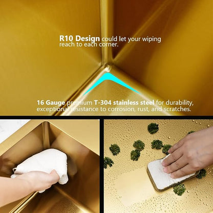 20x16 Gold Drop In Bar Sink Stainless Steel Small Outdoor Sink | Gold Kitchen Sink Wet Bar 16 Gauge Top Mount Single Bowl Sink with Drain Strainer