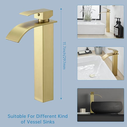 RUMOSE Tall Brushed Gold Bathroom Faucet with Pop Up Drain Modern Single Handle One Hole Bathroom Vessel Sink Faucet Waterfall Spout Rv Lavatory Vanity Faucet Deck Mount Mixer Tap, Stainless Steel