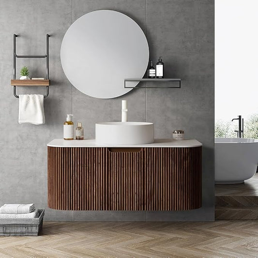 LKTART 36 Inch Floating Bathroom Vanity with Sink, Modern Wall Mounted Bathroom Storage Cabinet with Drawer, Round White Ceramic Sink Top and Marble Texture Top,Walnut