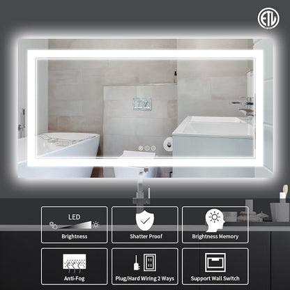 60x28 Inch LED Bathroom Mirror with Lights | Front and Backlit, 3 Colors, Dimmable, Memory, Anti Fog, Shatterproof, Horizontal/Vertical, Lighted Mirrors for Bathroom Wall