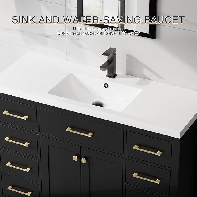 LUCKWIND 48" Modern Bathroom Vanity with Sink Combo, Contemporary Painted Storage Cabinet and Single White Sink, Include Soft-Closing Doors & Matte Black Faucet, Black