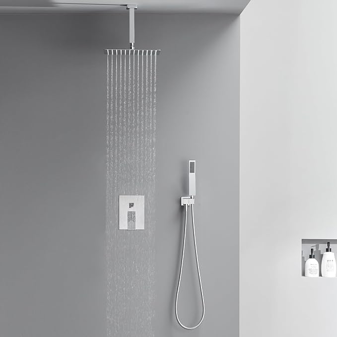 Shower System 12 Inches Rain Shower Combo Set Chrome Ceiling Mount Shower Faucet Bathroom Faucets with Rainfall Shower Head and Hand Shower
