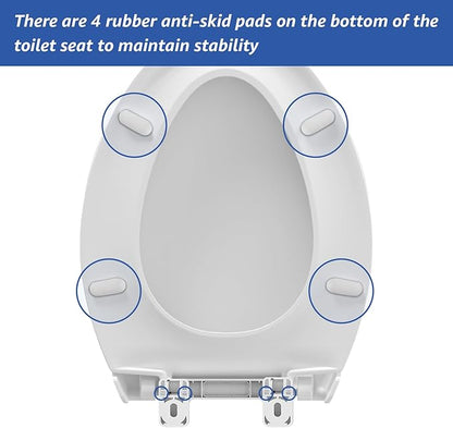 Elongated Toilet Seat, 18.5” Soft/Slow Close Oval (Oblong) Toilet Seat for Elongated Toilets, No-Slam Quiet-Close Lid, Easy-to-Install & Clean, Durable Never-Loosen White Plastic Seat